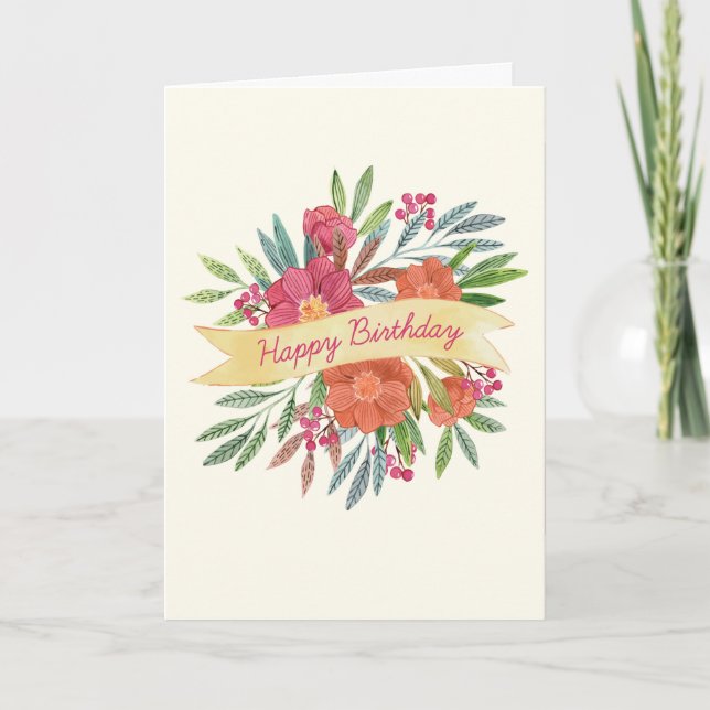 Happy Birthday Ribbon Greeting Card (Opt Photo) (Front)