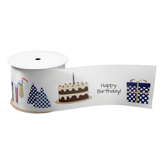 Happy Birthday Ribbon - in navy blue, 3'' Satin Ribbon (Spool)