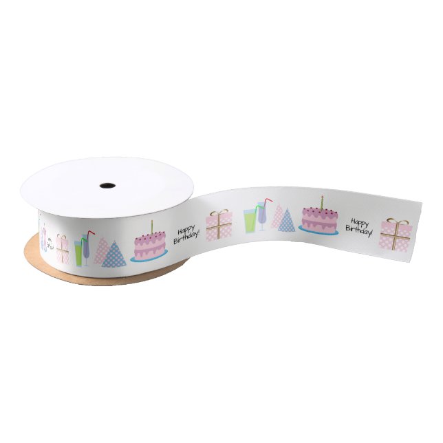 Happy Birthday Ribbon - in pink and blue, 1.5'' Satin Ribbon (Spool)