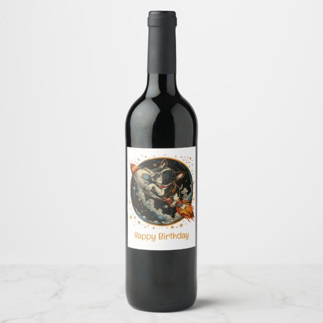 Happy Birthday Rocket Ship French Bulldog Wine Label (Front)
