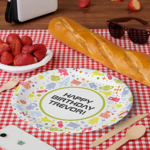 Happy Birthday Rocket Ships Green Paper Plate