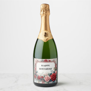happy birthday rose frame champagne bottle label