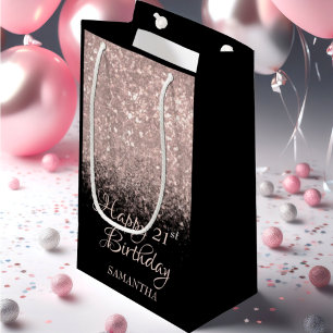 Happy Birthday Rose Gold & Black Glitter Any Age Small Gift Bag