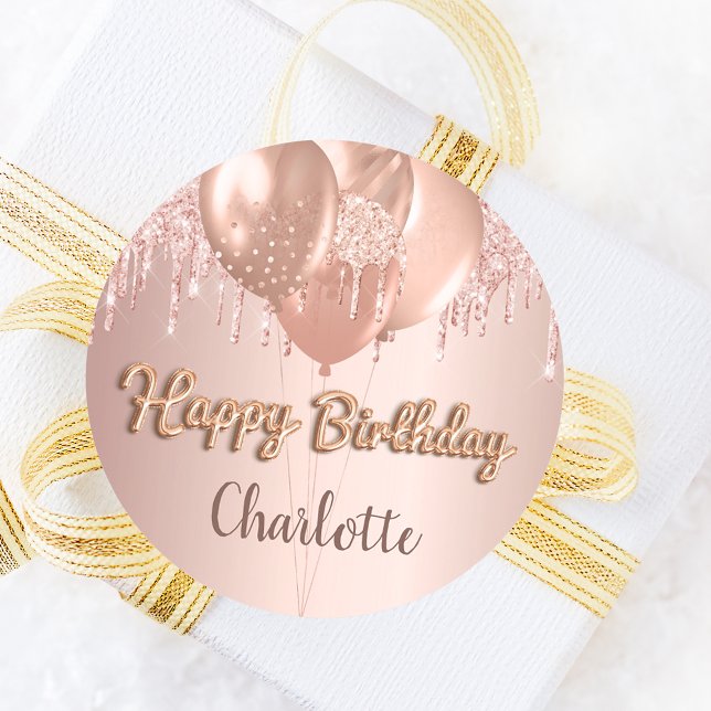 Happy Birthday rose gold blush glitter balloons Classic Round Sticker (Creator Uploaded)