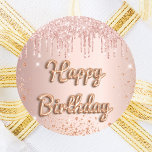 Happy Birthday rose gold blush glitter sparkles Classic Round Sticker<br><div class="desc">A sticker for a girly and glamourous birthday party.  A faux rose gold metallic looking background with an elegant faux rose gold and pink glitter drips,  paint drip look. The text: Happy Birthday is written with a golden balloon style font.</div>