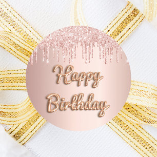 Happy Birthday rose gold pink glitter drips Classic Round Sticker
