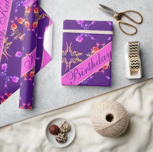 "Happy Birthday" Rose Hearts on Purple Wrapping Paper