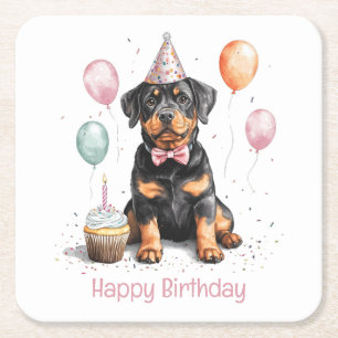 Happy Birthday Rottweiler Dog Square Paper Coaster
