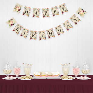 Happy Birthday Rustic Burgundy Pink Fall Floral Bunting