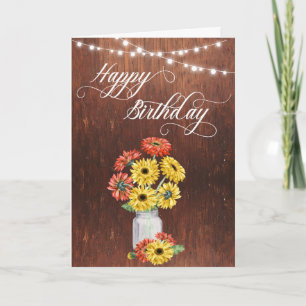 Happy Birthday Rustic Mason Jar Gerbera Daisy Card