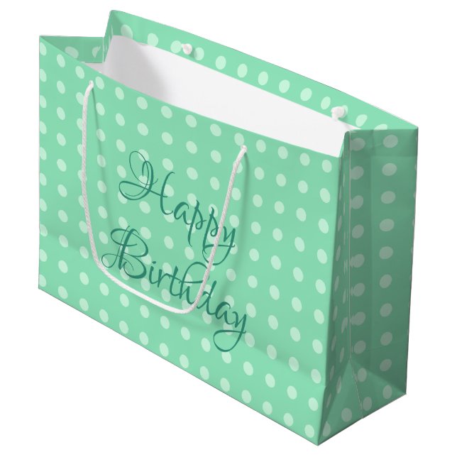Happy Birthday Rustic Polka Dots Mint Green Colour Large Gift Bag (Front Angled)