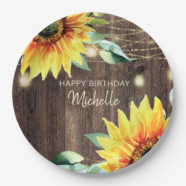 Happy Birthday Rustic Wood Sunflowers String Light Paper Plate (Front)