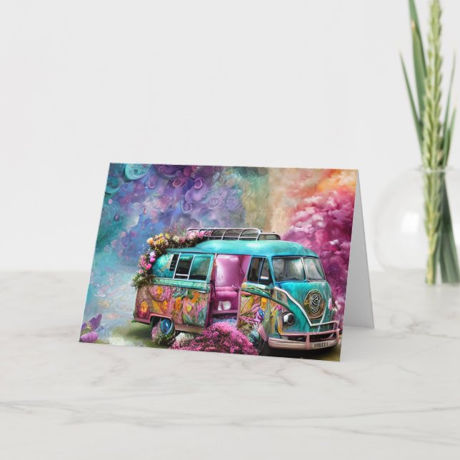 Happy Birthday rusty Combi van with flowers 1970s  Thank You Card (Front)