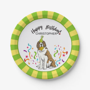 Happy Birthday Saint Bernard Dog Party Paper Plate