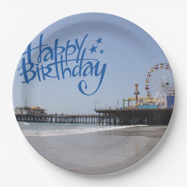 Happy Birthday Santa Monica Pier Paper Plate (Front)
