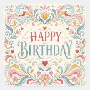 Happy Birthday Scandinavian Folk Art Floral Swirls Square Sticker