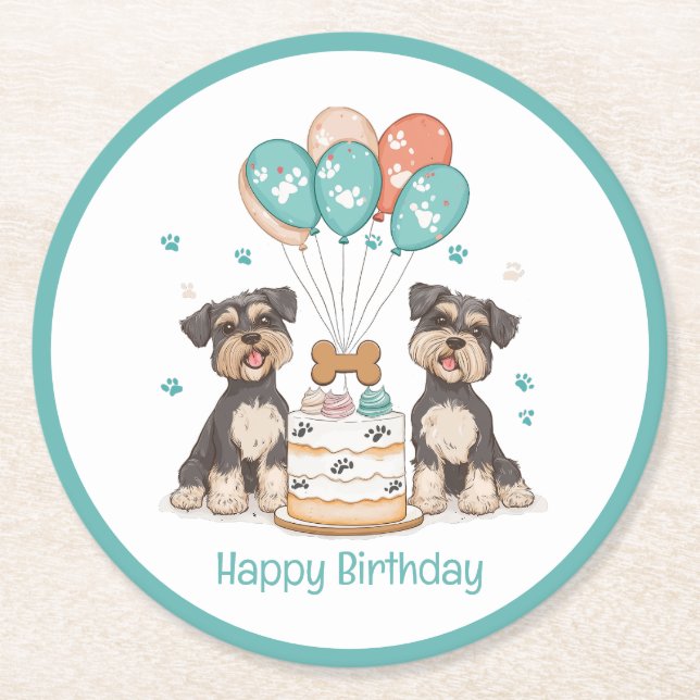 Happy Birthday Schnauzer Dogs Round Paper Coaster (Front)