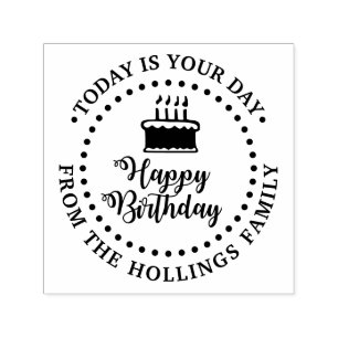 Happy Birthday Script Calligraphy and Cake Round Self-inking Stamp
