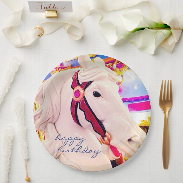 Happy Birthday Script Carnival Carousel Horse Bold Paper Plate (Wedding)