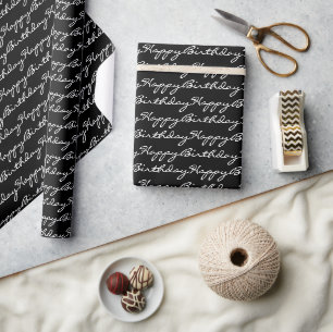 Happy Birthday Script Font Pattern Black and White Wrapping Paper