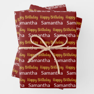Happy Birthday Script Gold Dark Red and White Name Wrapping Paper Sheet