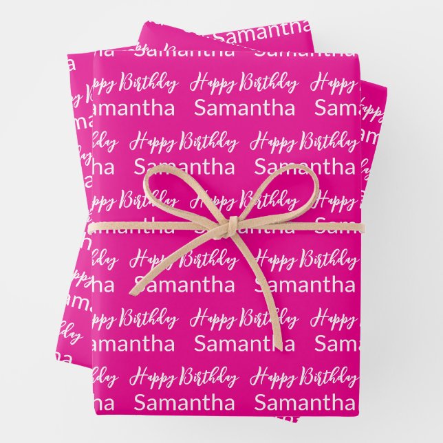 Happy Birthday Script Hot Pink and White Name Wrapping Paper Sheet (In situ)