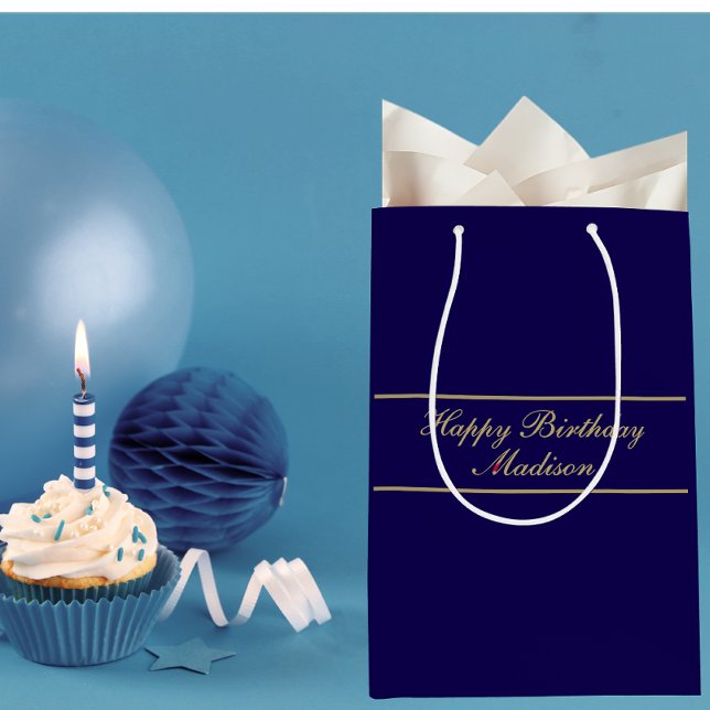 Happy Birthday Script Name Blue Gold Medium Gift Bag (Creator Uploaded)