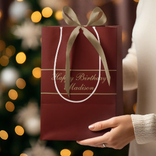 Happy Birthday Script Name Burgundy Gold Medium Gift Bag
