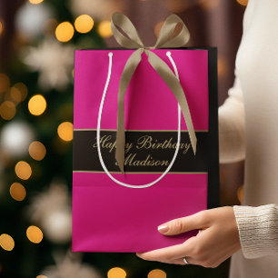 Happy Birthday Script Name Pink Black Gold Medium Gift Bag