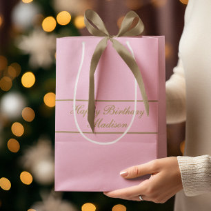 Happy Birthday Script Name Powder Pink Gold Medium Gift Bag