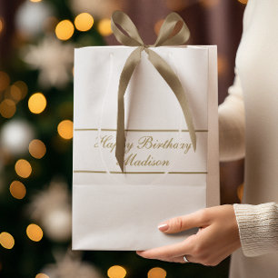 Happy Birthday Script Name White Gold Medium Gift Bag