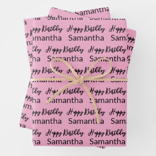 Happy Birthday Script Pale Pink and Black Name Wrapping Paper Sheet