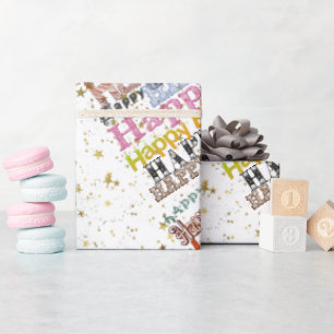 Happy Birthday Script Rainbow Gold Stars Wrapping Paper