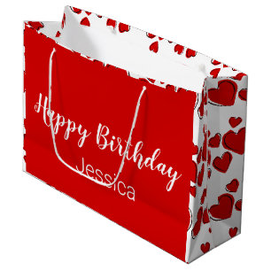 Happy Birthday Script White and Red Hearts Large Gift Bag
