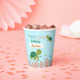 Happy Birthday Sea Green Turtle & Coral Reef  Paper Cups