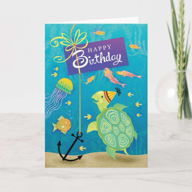 Happy Birthday Sea Turtle Present Anchor Far Away Card (Front)