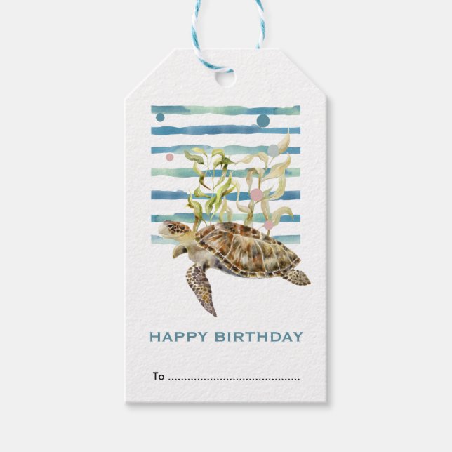 Happy Birthday, Sea Turtle Seashore  Gift Tags (Front)