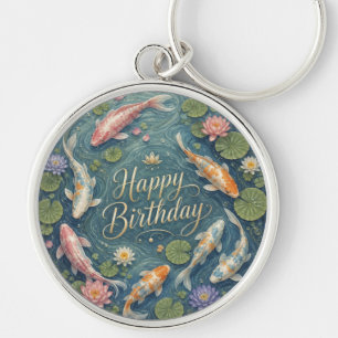 Happy Birthday Serene Koi Pond Water Lily Key Ring