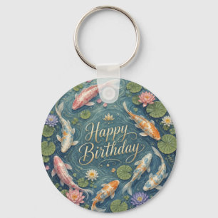 Happy Birthday Serene Koi Pond Water Lily Key Ring