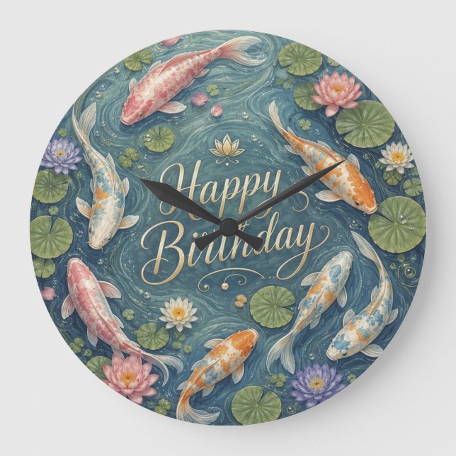 Happy Birthday Serene Koi Pond Water Lily Large Clock (Front)
