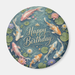 Happy Birthday Serene Koi Pond Water Lily Magnet