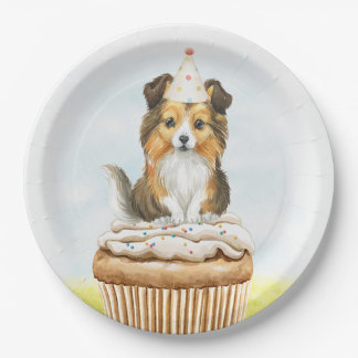 Happy Birthday Sheltie Pup Cake Paper Plate