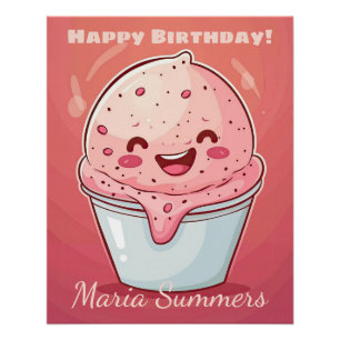 Happy Birthday Sherbet Ice-cream Kawaii Cartoon Poster