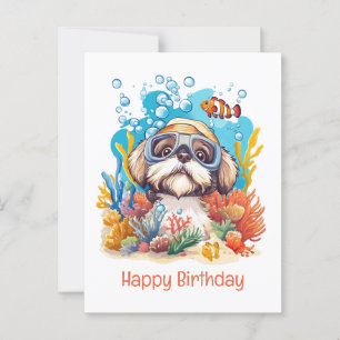 Happy Birthday Shih Tzu Dog Snorkelling Coral Reef Postcard