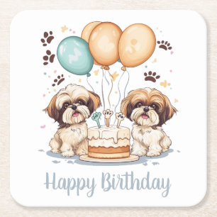 Happy Birthday Shih Tzu Dogs Birthday Cake Square Paper Coaster