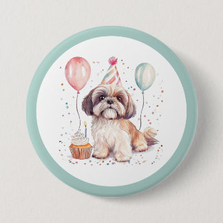 Happy Birthday Shih Tzu Dogs Cupcake 7.5 Cm Round Badge