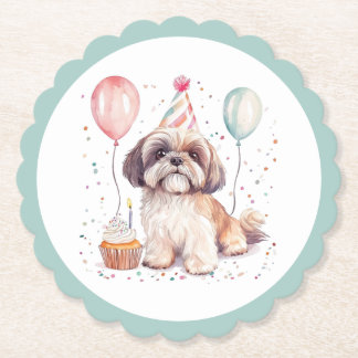 Happy Birthday Shih Tzu Dogs Cupcake Paper Coaster