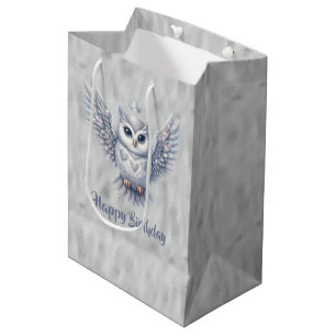 Happy Birthday Silver Owl on Grey Medium Gift Bag