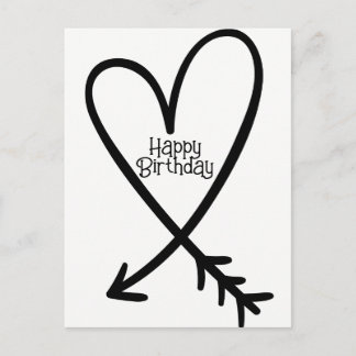 Happy Birthday Simple Heart Arrow Black Text Postcard