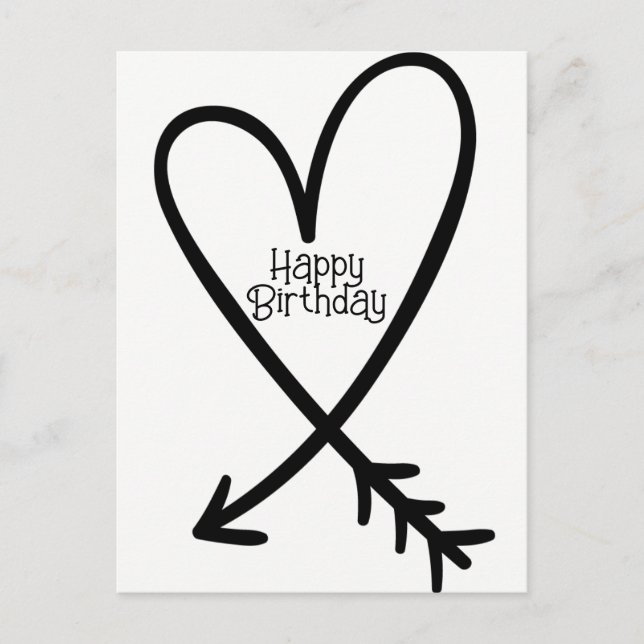 Happy Birthday Simple Heart Arrow Black Text Postcard (Front)